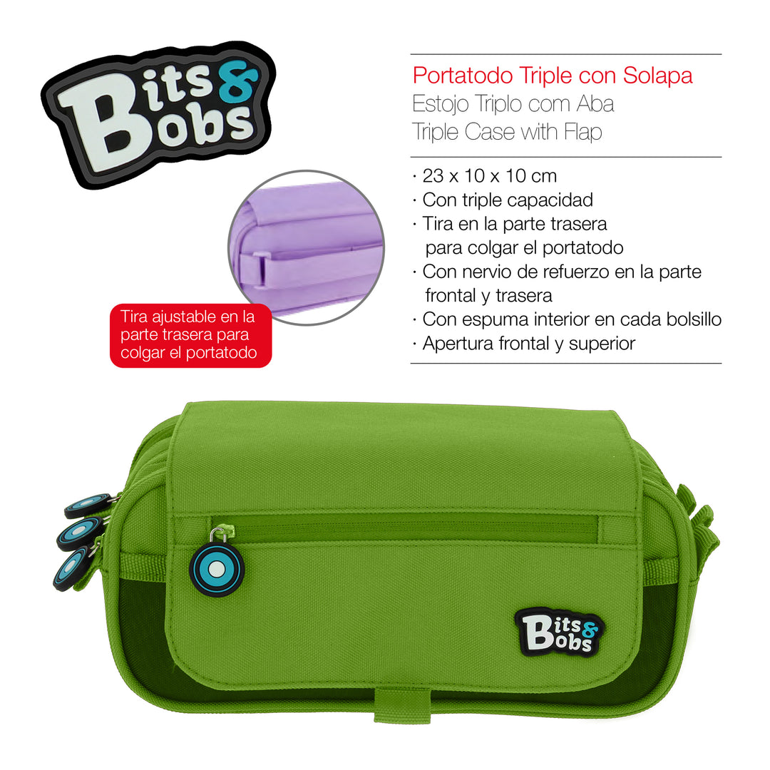 ColePack BitsBobs - Estuche Triple de 3 Cremalleras con Material Escolar Incluido. Verde