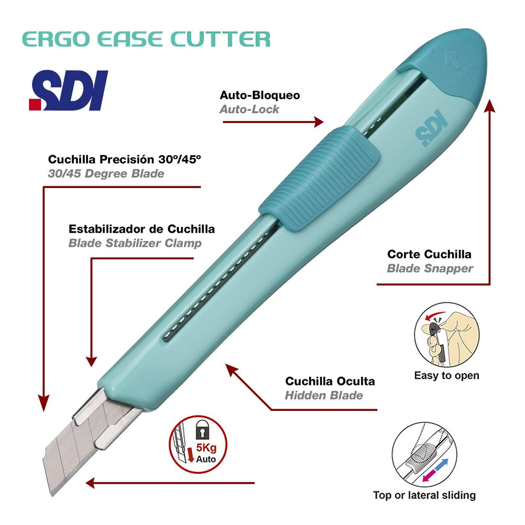 Cutter SDI Ergo Ease Cutter, Suave y Ergonómico, con 10 Cuchillas de Recambio Acero SK2+Cr2