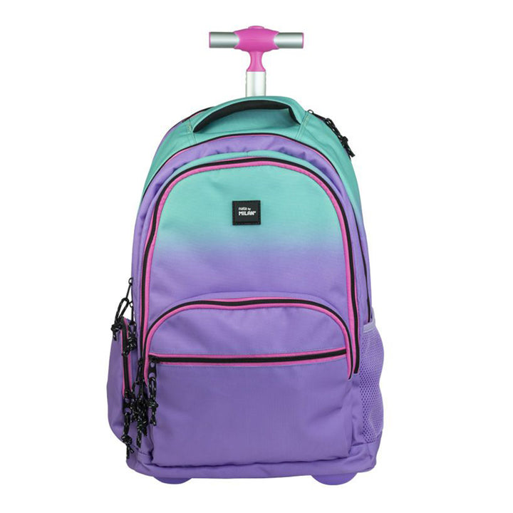 MILAN Sunset - Mochila Escolar de 6 Cremalleras con Ruedas. Capacidad 25L. Lila-Turquesa