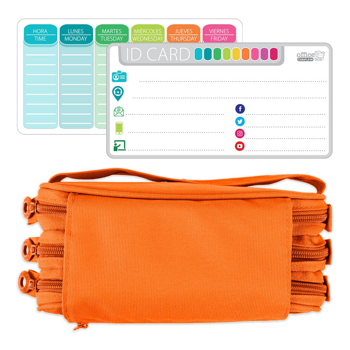 Estuche Escolar Triple Portatodo de Alta Capacidad con Tres Cremalleras. Naranja