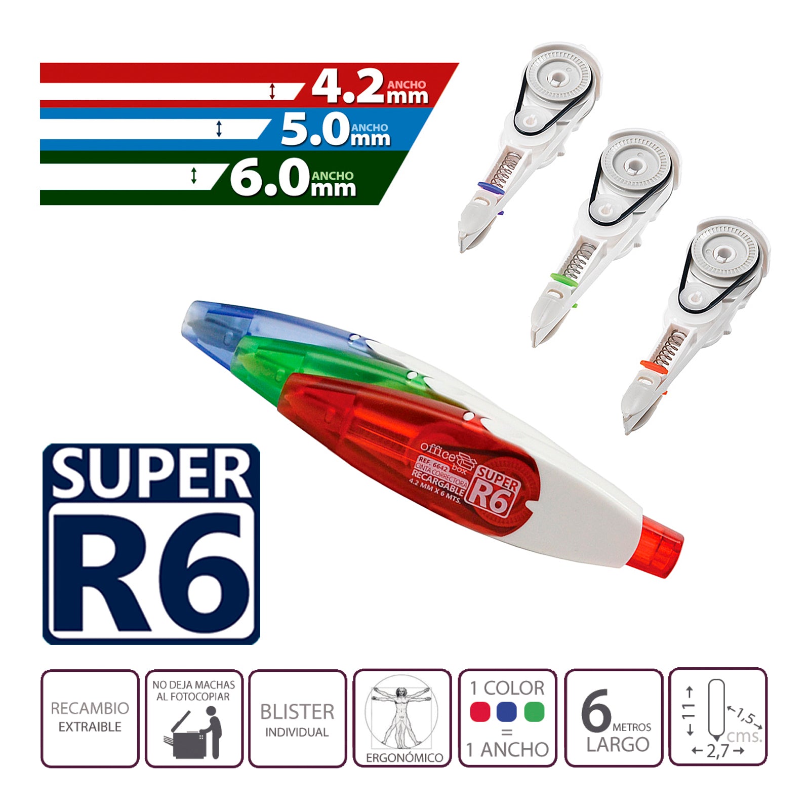 SDI Super R6 - Recambio para Cinta Correctora Retráctil de 4.2 mm. Rojo