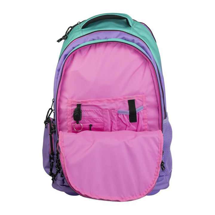 MILAN Sunset - Mochila Escolar de 6 Cremalleras con Ruedas. Capacidad 25L. Lila-Turquesa