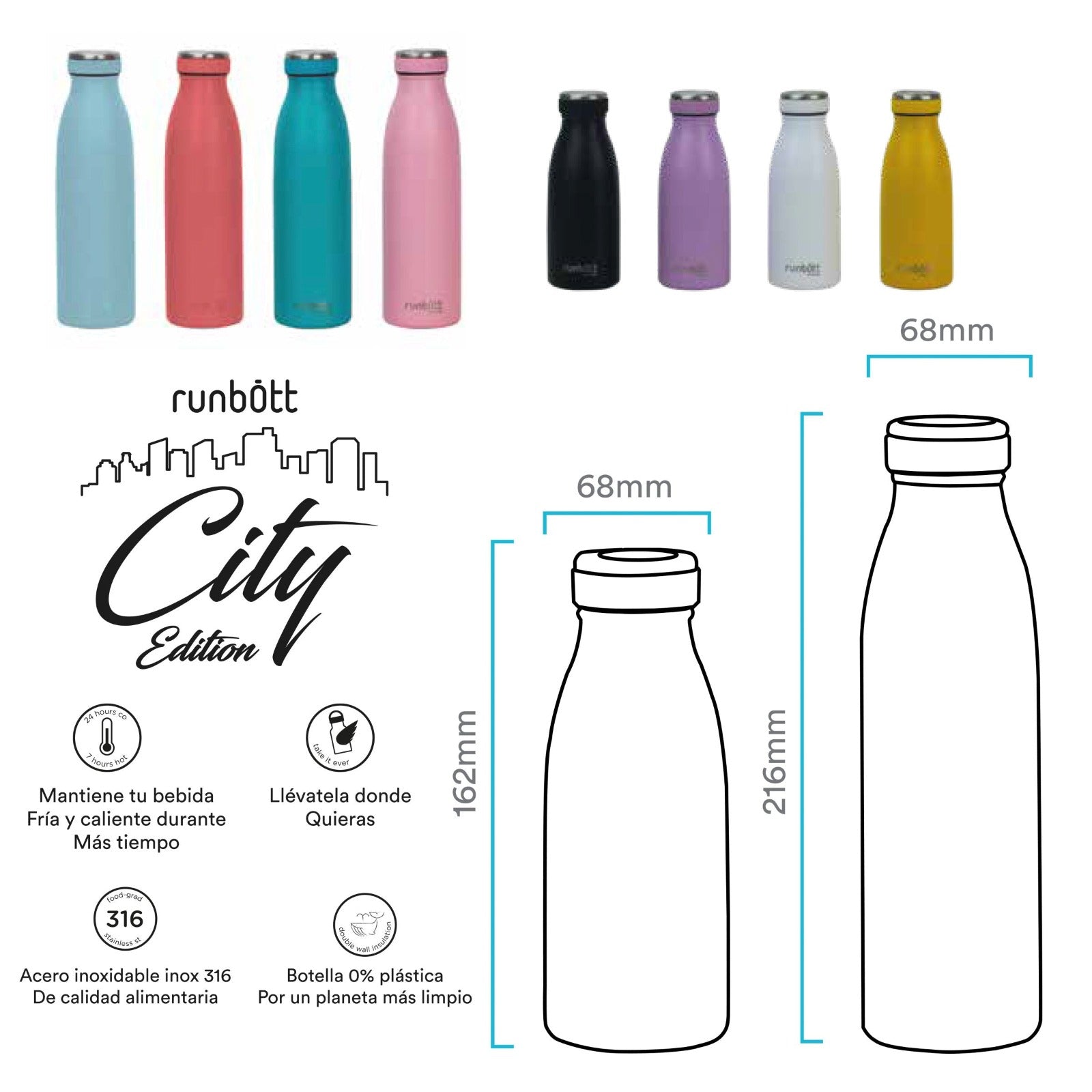 Runbott City - Botella Térmica de 0.5L en Acero Inoxidable 316 y Silic