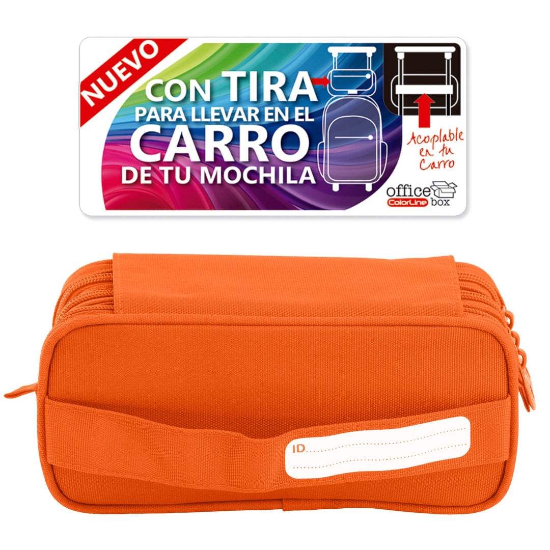 Estuche Escolar Triple Portatodo de Alta Capacidad con Tres Cremalleras. Naranja