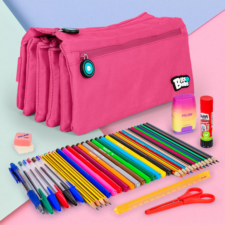 ColePack 2022 - Estuche Escolar Cuádruple de 4 Cremalleras y Material Incluido. Fucsia