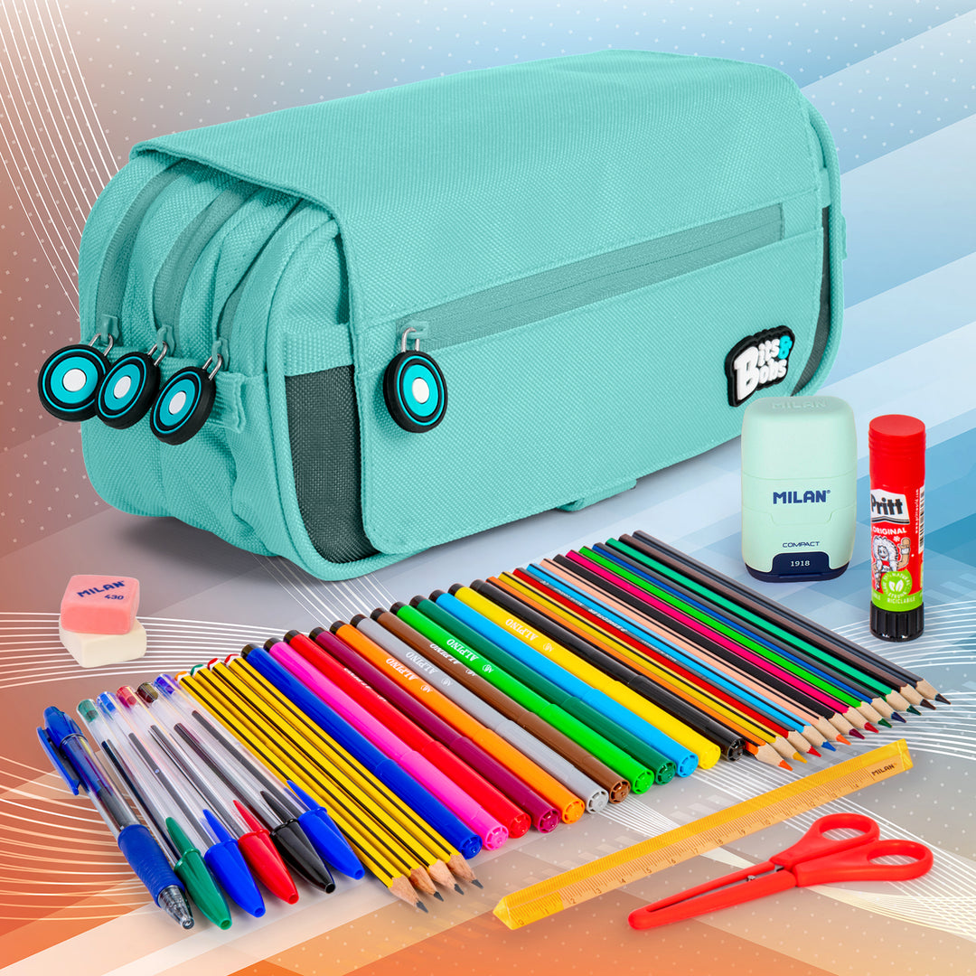 ColePack BitsBobs - Estuche Triple de 3 Cremalleras con Material Escolar Incluido. Azul Claro