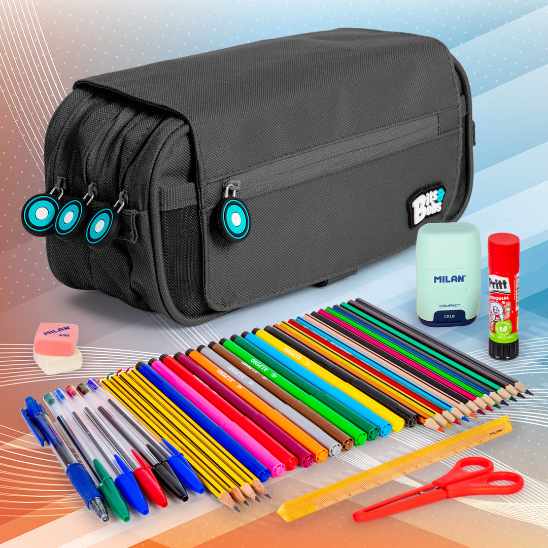 ColePack BitsBobs - Estuche Triple de 3 Cremalleras con Material Escolar Incluido. Negro