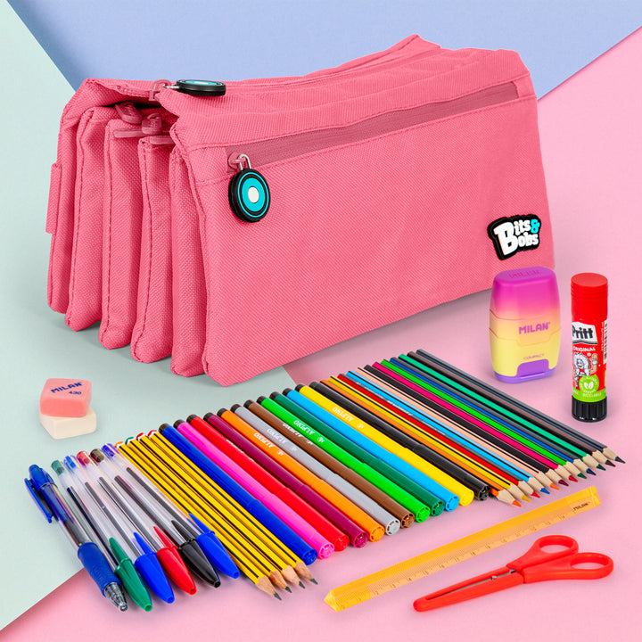 Grafoplás - Estuche Escolar Cuádruple de Alta Capacidad con Cuatro Cremalleras. Rosa