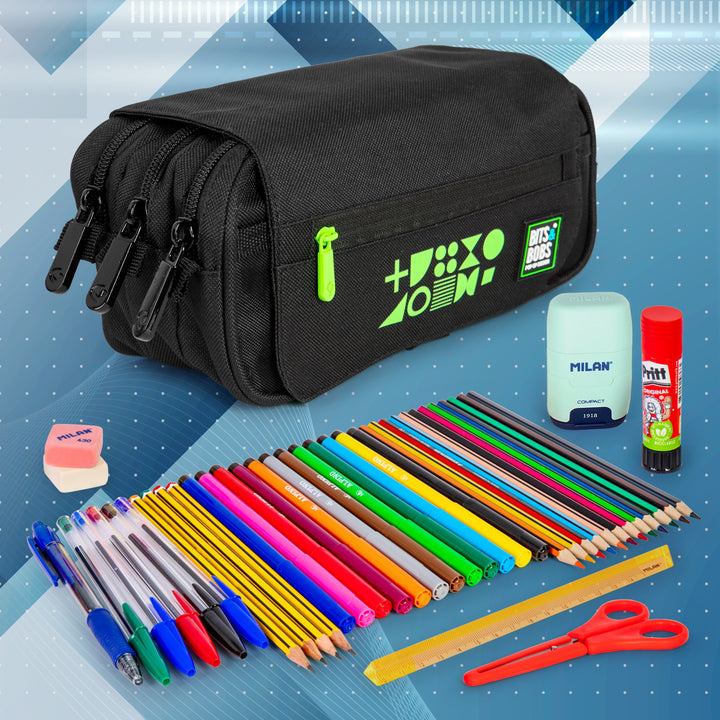 ColePack Fluor - Estuche Triple de 3 Cremalleras con Material Escolar Incluido. Verde