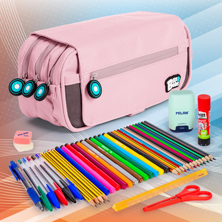 Grafoplás - Estuche Portatodo Triple con Solapa para Material Escolar. Rosa Soft