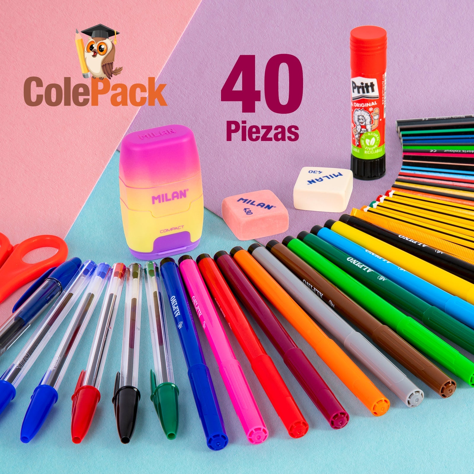 EcoPack 40 - Pack Ahorro Completo con Material Escolar de Primeras Marcas