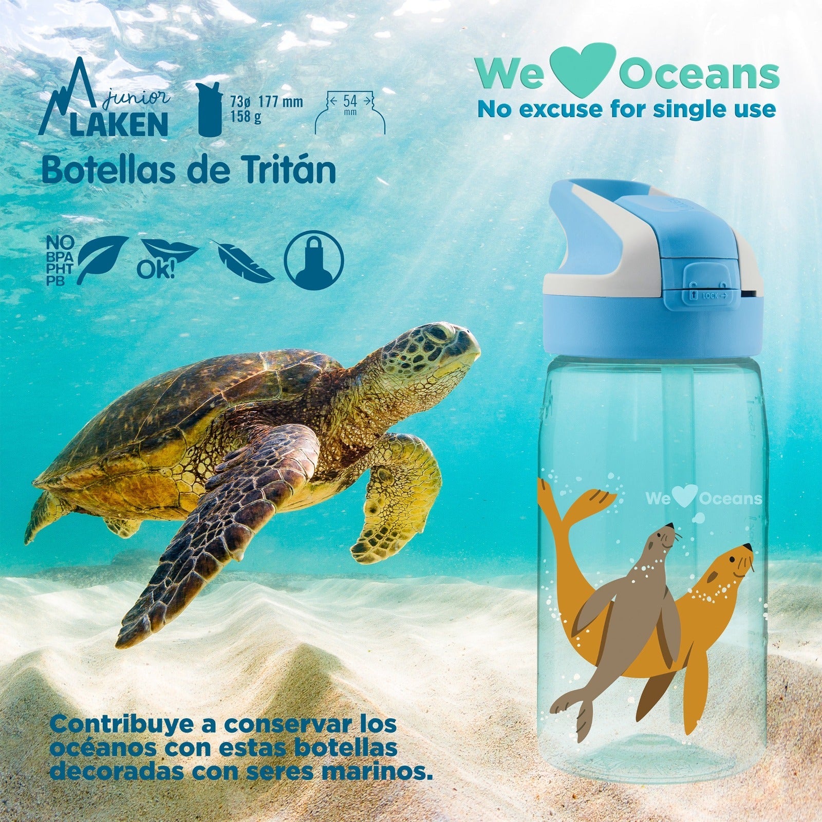 LAKEN We Love Oceans - Botella de Agua Infantil 0.45L en Tritán. Fokis