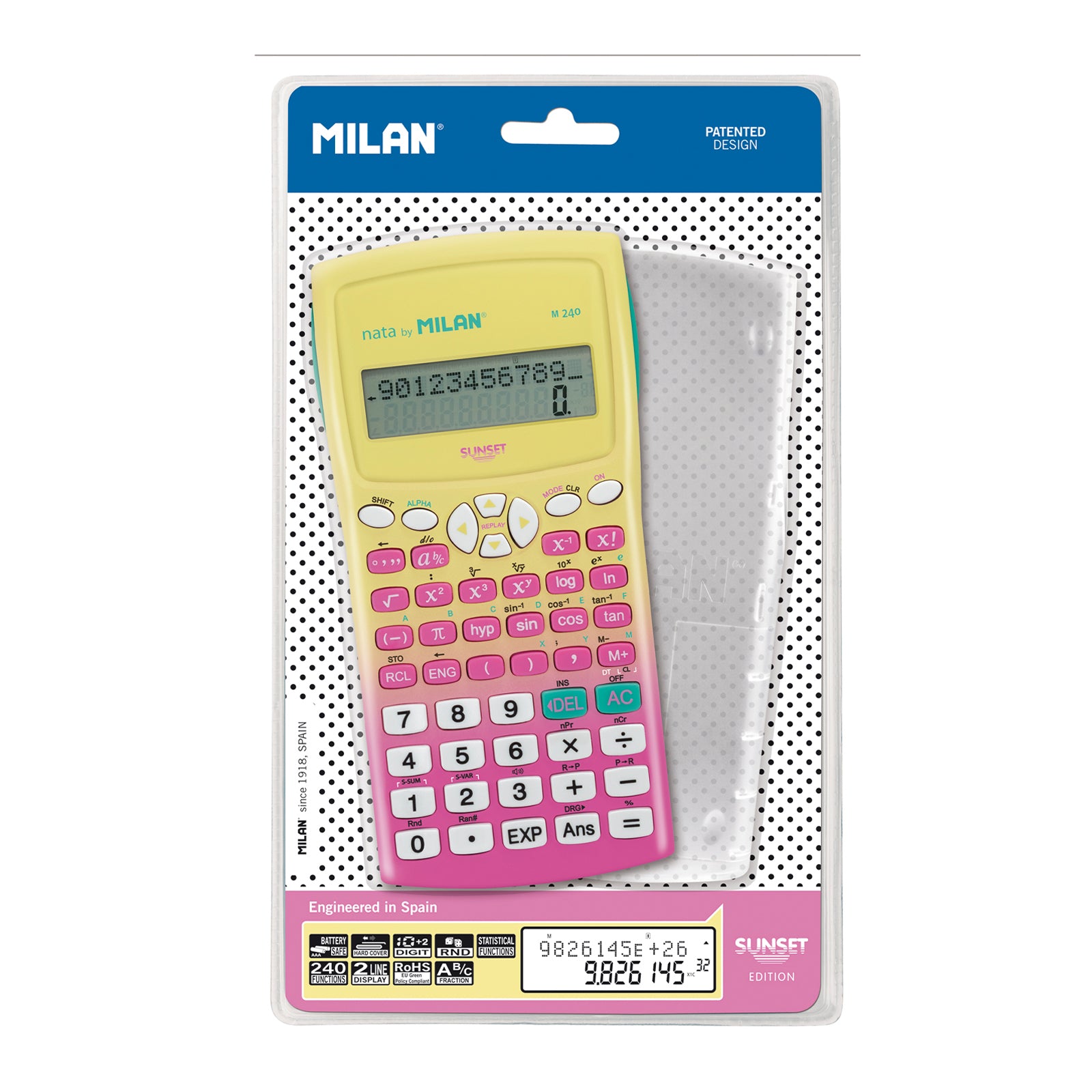 MILAN Sunset - Calculadora Científica Escolar 240 Funciones. Pantalla LCD 2 Líneas. Rosa