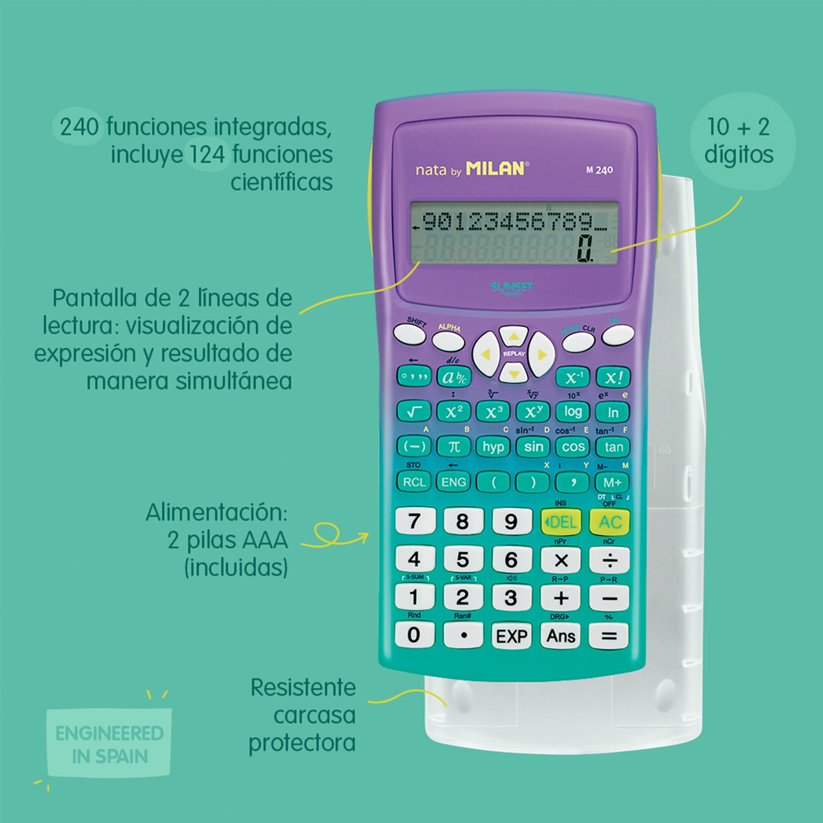 MILAN Sunset - Calculadora Científica Escolar 240 Funciones. Pantalla LCD 2 Líneas. Rosa