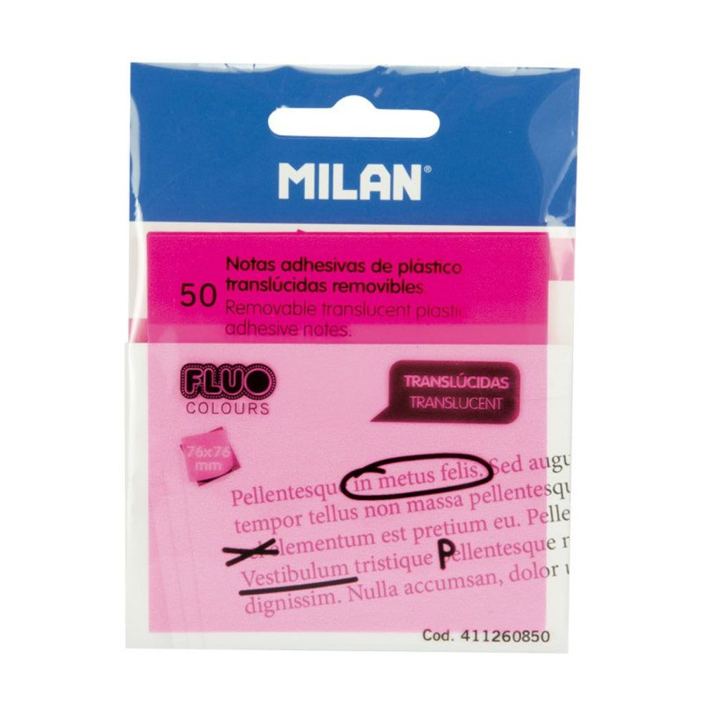 MILAN FLUO - Bloc de 50 Notas Adhesivas Reutilizables Translúcidas, Rosa Flúor