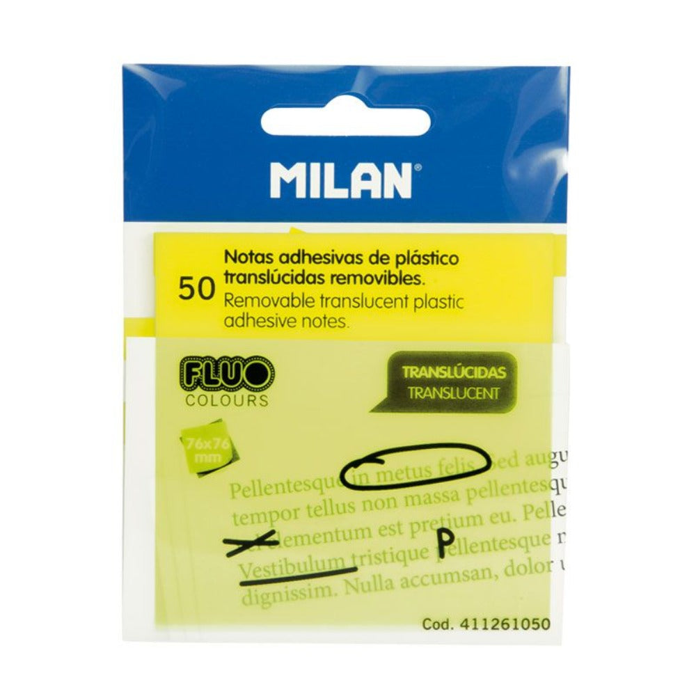 MILAN FLUO - Bloc de 50 Notas Adhesivas Reutilizables Translúcidas, Amarillo Flúor