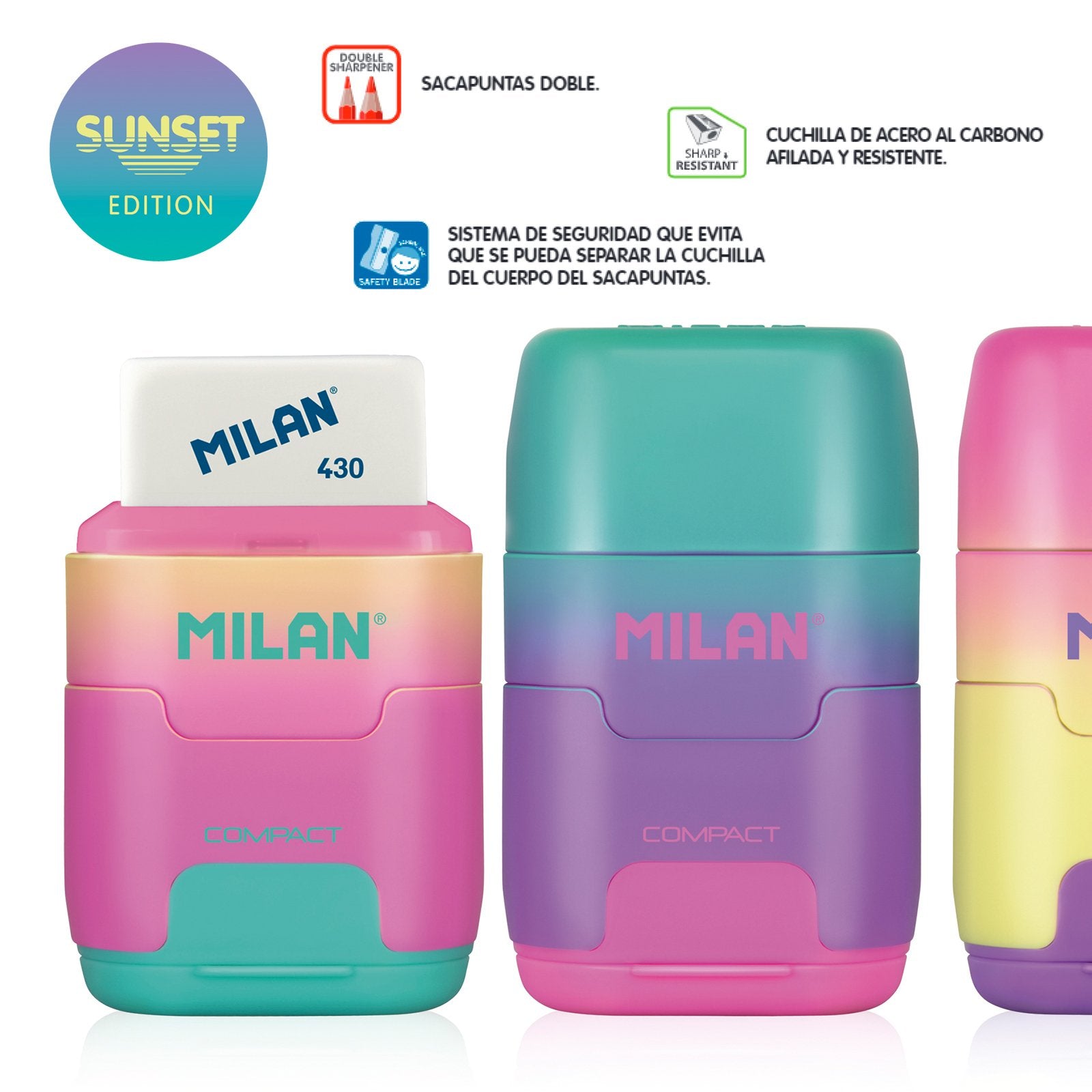 MILAN 4721116 - Afilaborra, Combinación de Goma y Sacapuntas Doble. COMPACT Sunset