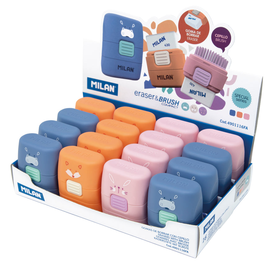 MILAN Fun Animals - Caja de 16 Gomas Nata 430 de con Cepillo Eraser & Brush