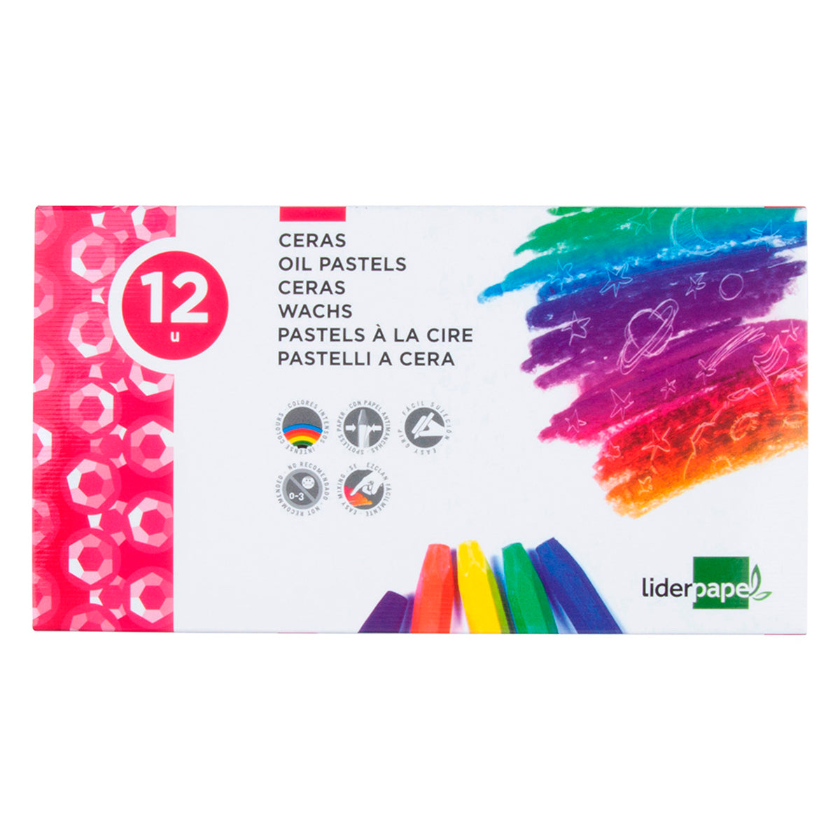 LIDERPAPEL - Lápices de Cera Blanda, Caja con 12 Colores Surtidos