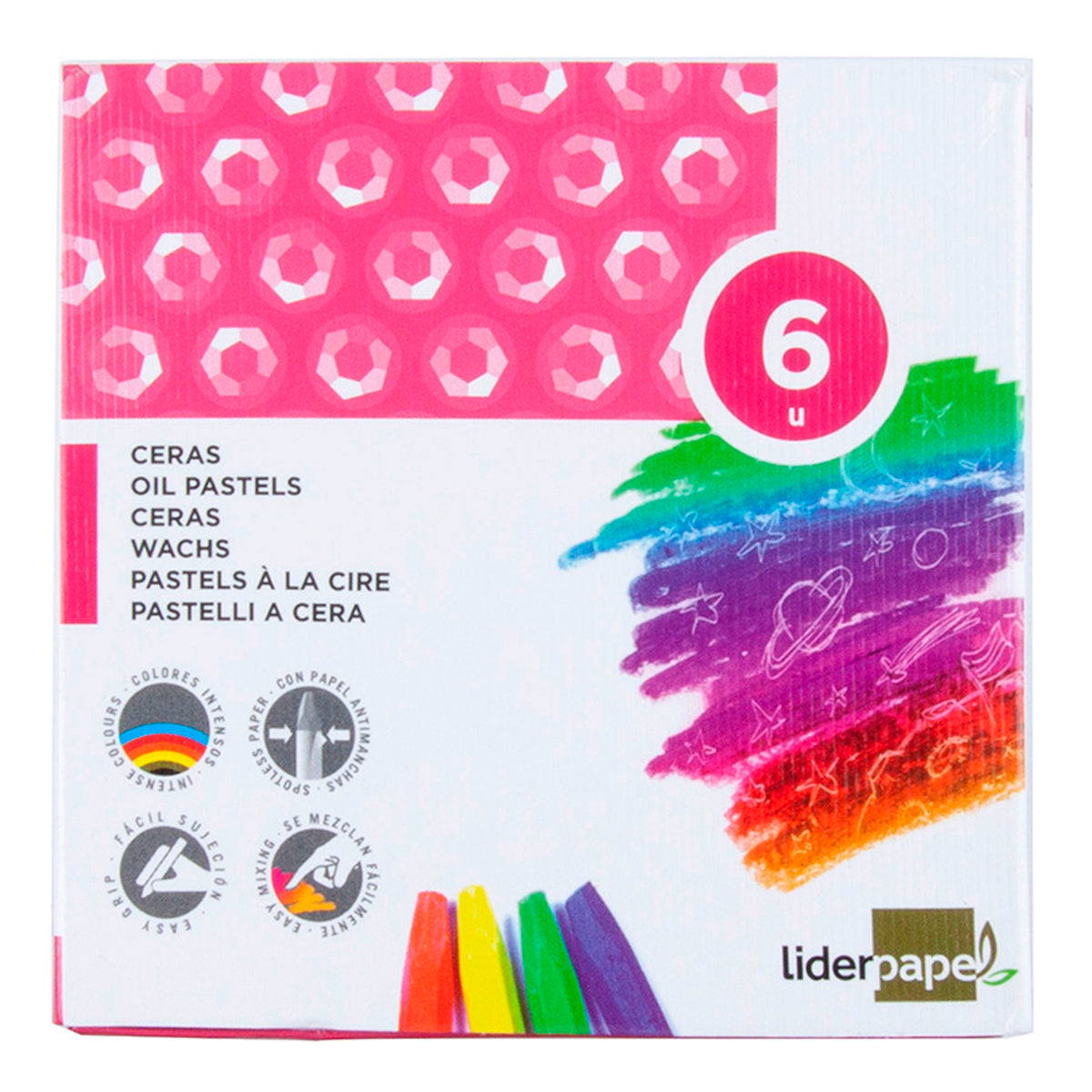 LIDERPAPEL - Lápices de Cera Blanda, Caja con 6 Colores Surtidos
