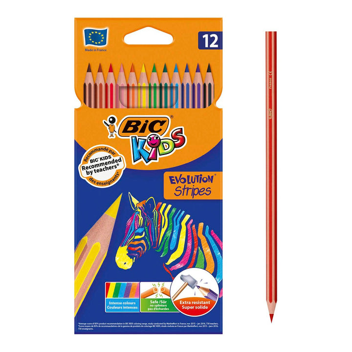 BIC KIDS 950522 - Caja de 12 Lápices hexagonales de Colores Surtidos Evolution Stripes