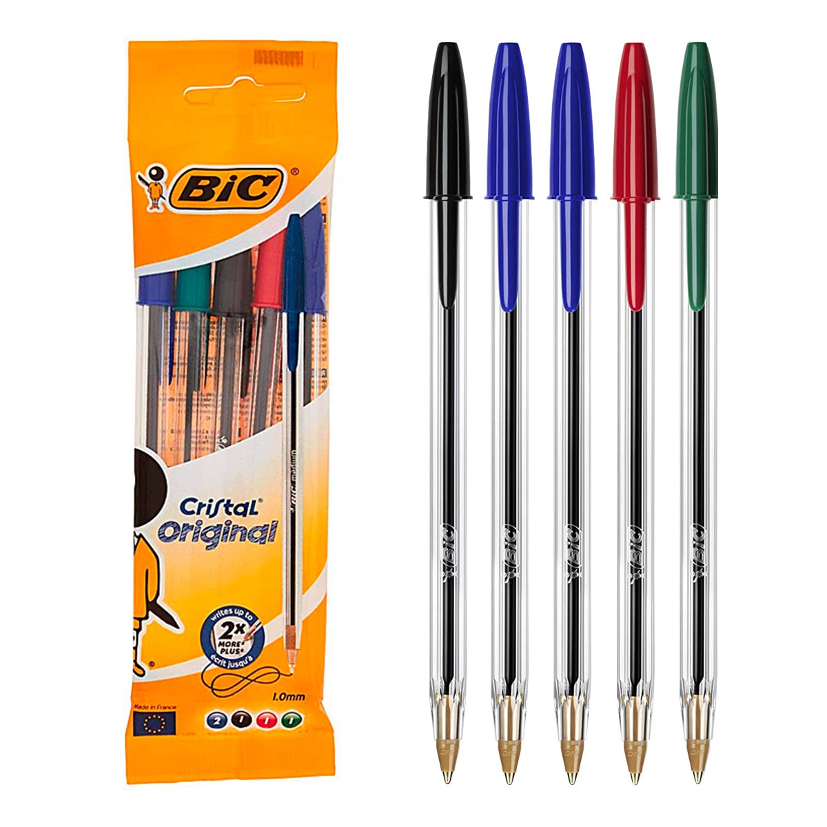 BIC 802054 - Pack 5 Bolígrafos CRISTAL en 4 Colores. Tinta de Aceite con Capuchon