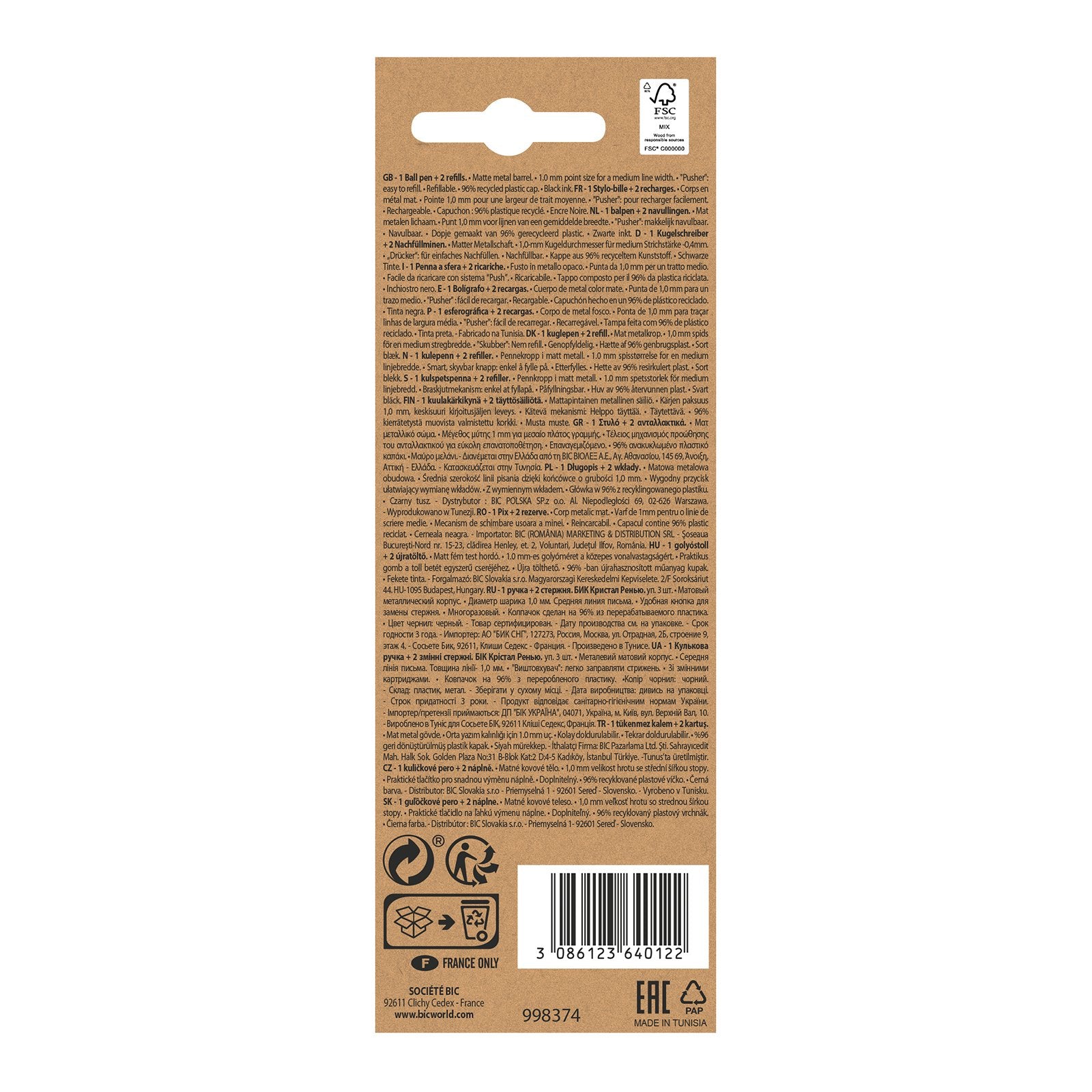 BIC 997201 - Bolígrafo Cristal RE'NEW de Tinta Negra con 2 Recambios, Metálico