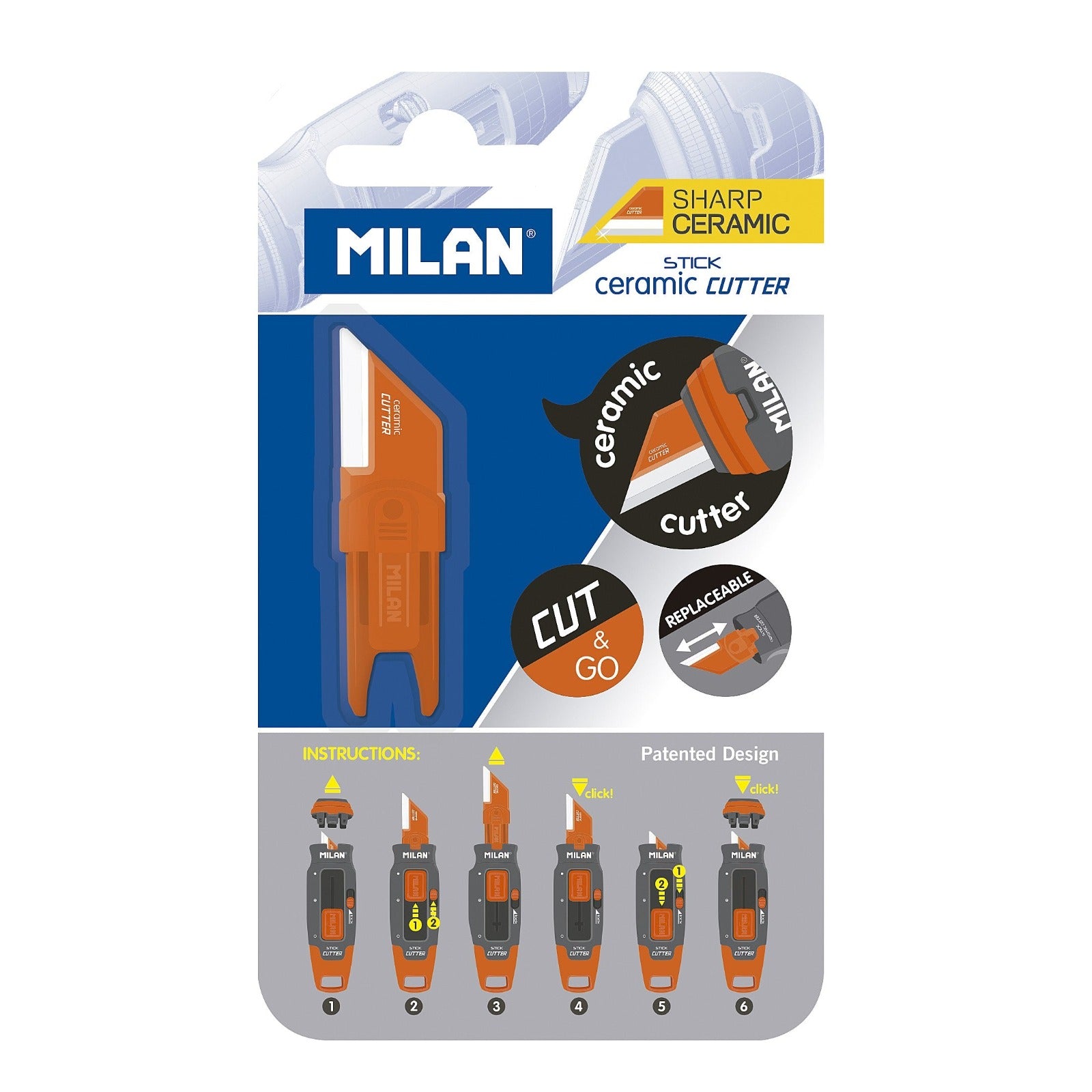 MILAN 6010112 - Cutter Pequeño Hoja Cerámica y Bloqueo de Seguridad, Edición STICK