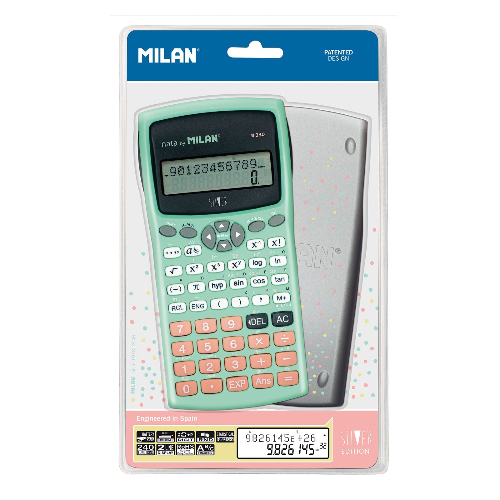MILAN SILVER - Calculadora Científica Escolar 240 Funciones, LCD 2 Líneas. Turquesa