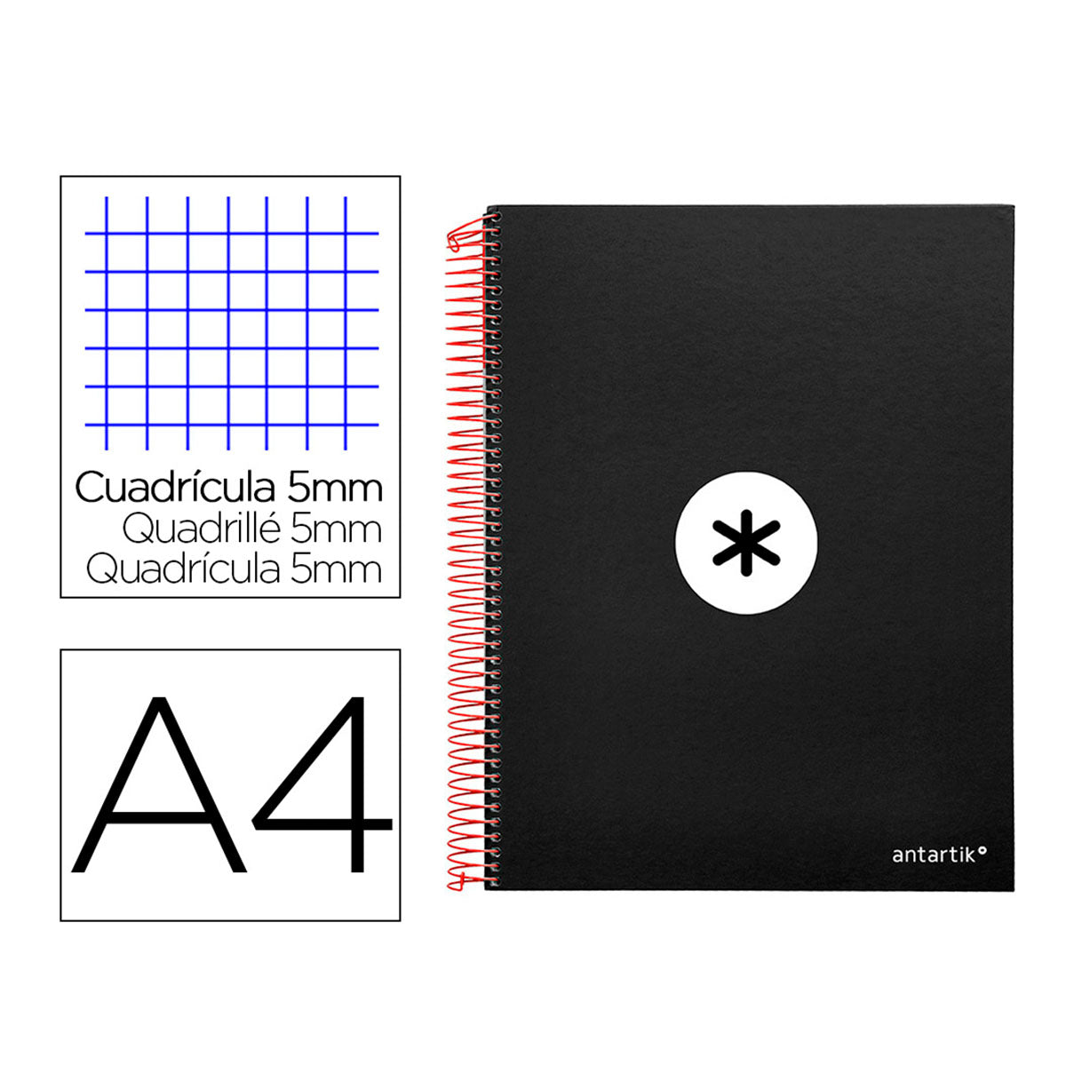 Antartik - Libreta Microperforada A4 con Espiral y Tapa Dura. 5 Bandas de Colores. Negro
