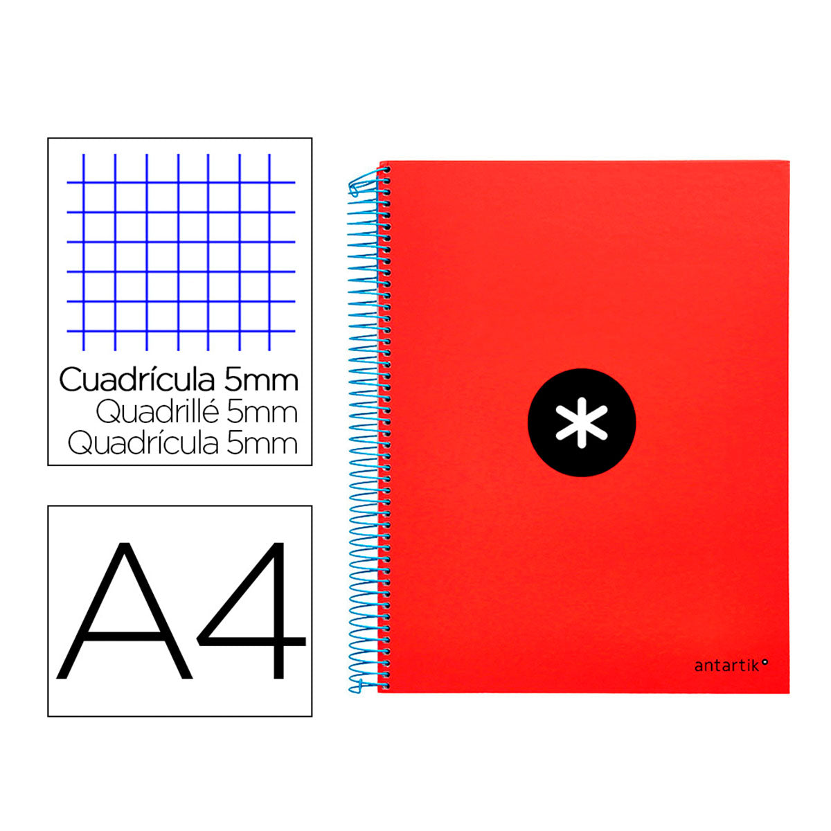 Antartik - Libreta Microperforada A4 con Espiral y Tapa Dura. 5 Bandas de Colores. Rojo